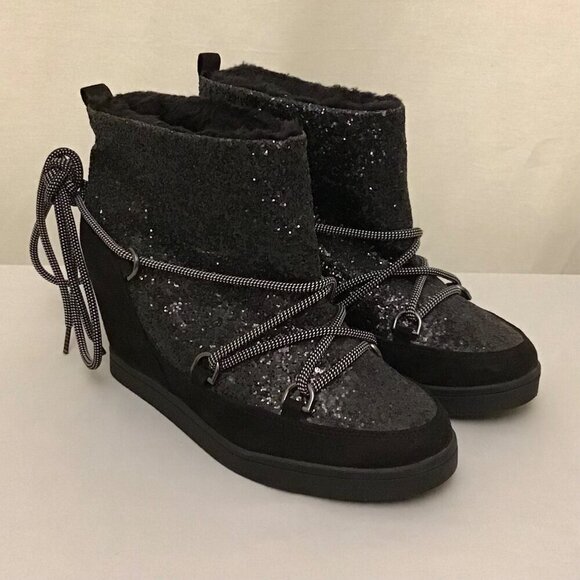 Juicy Couture 8.5 Women’s Glitter Suede Wedge Ankle Boots Black Faux Fur Lined - Picture 10 of 11